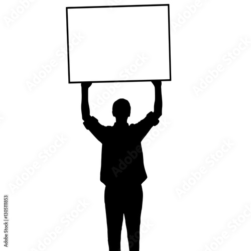 Silhouette of a protester holding a sign, representing public expression of protest and political dissent, with a white sign and black figure on a white background.