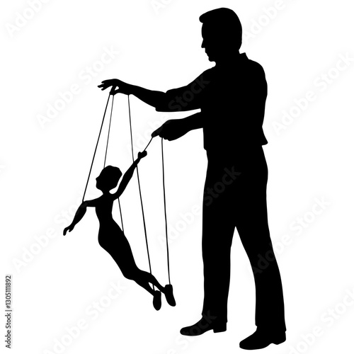 Silhouette of a puppeteer controlling a marionette, symbolizing theatrical performance and manipulation with the puppet in a suspended dancing position.