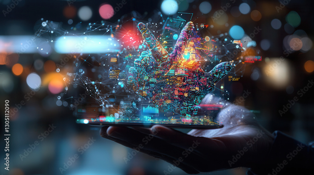 Obraz premium Digital interface concept showcasing hand with vibrant data visualizations, symbolizing technology and innovation