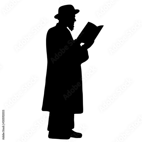 Silhouette of a rabbi standing in profile, reading sacred scripture, embodying Jewish faith and devotion to God.