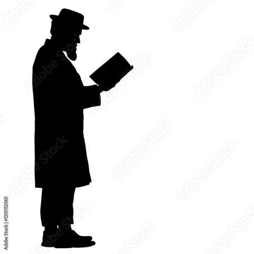 Silhouette of a rabbi reading scripture in prayer, holding a sacred book in front of him, dressed in traditional Jewish attire.