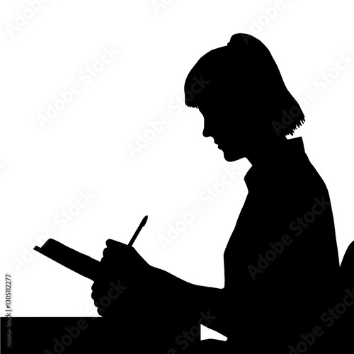 Silhouette of a teenager in school, taking notes on paper or a tablet, concentrating on important information from the teacher.