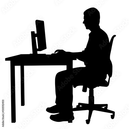 Silhouette of a person sitting in front of a computer monitor, representing an office worker engaged in work and office productivity.