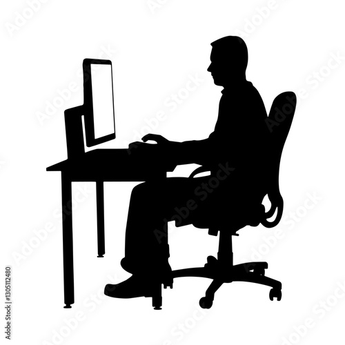 Silhouette of a software developer sitting at a desk, working on a computer, symbolizing coding, productivity, and technology in a workspace environment.