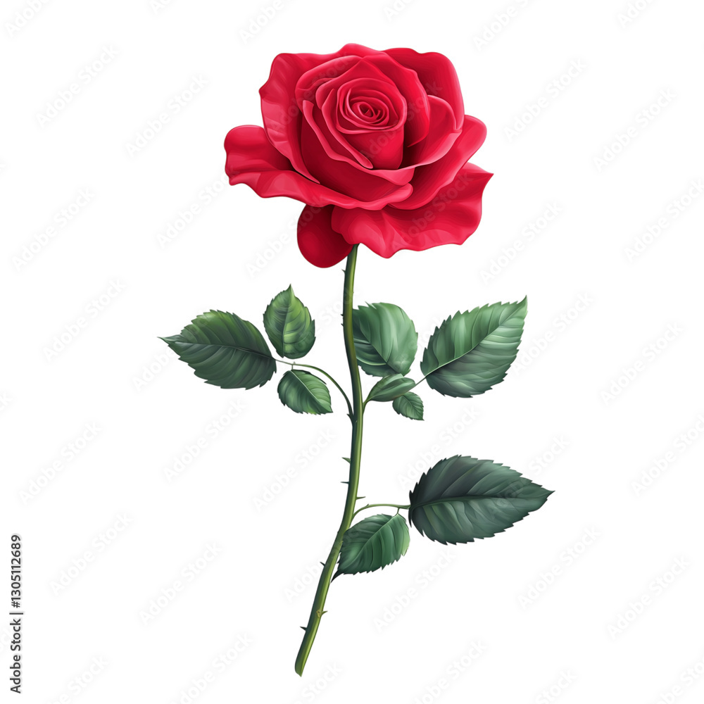A single red rose with green leaves isolated on transparent background. A single red rose with green leaves isolated on transparent background.