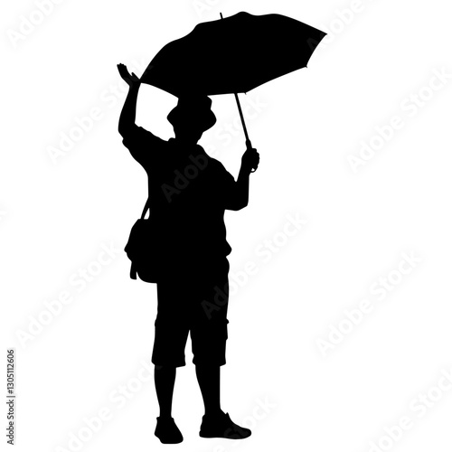 Silhouette of a tour guide holding an umbrella during a city tour, dressed in shorts and a t-shirt, guiding through sunny or rainy weather with a bag and hat.