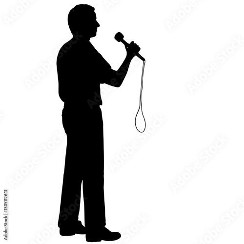Silhouette of a TV show host holding a microphone during an interview with the microphone cord hanging down, representing news and media coverage.