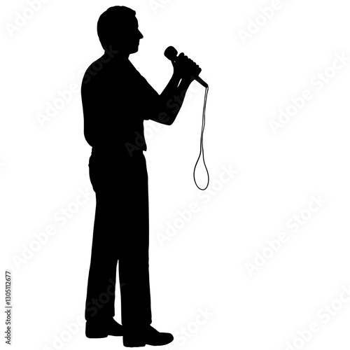 Silhouette of a TV show host holding a microphone, positioned in profile and facing left, symbolizing vocal performance or speaking, with the microphone cord hanging down.