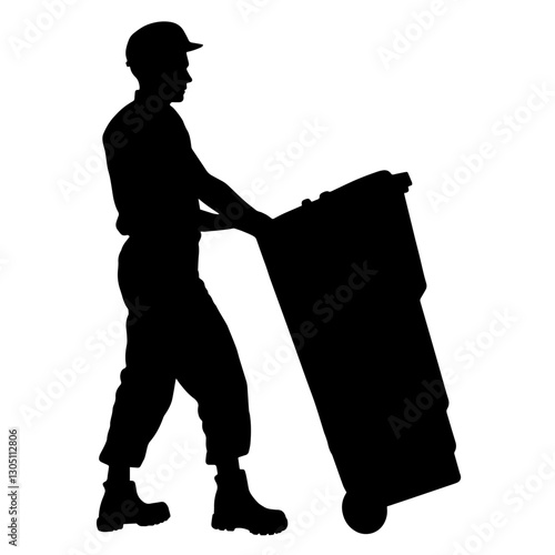 Silhouette of a waste management worker pushing a trash bin, wearing a cap and heavy-duty shoes, symbolizing the hard work of waste collection.