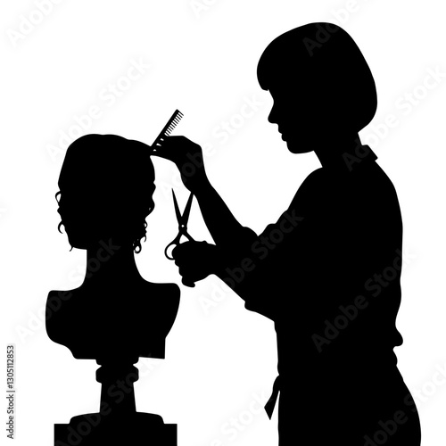 Silhouette of a hairstylist cutting hair on a mannequin using scissors and comb, demonstrating professional hairdressing techniques in a salon setting.