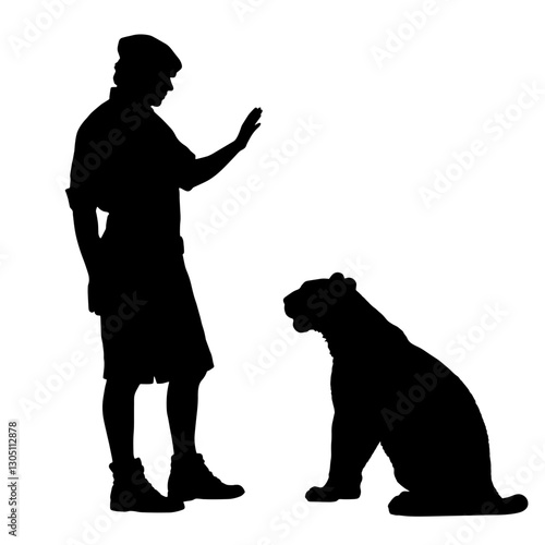 Silhouette of an animal handler training a wild cat in a zoo, showcasing interaction and discipline between the trainer and large feline in a controlled environment.