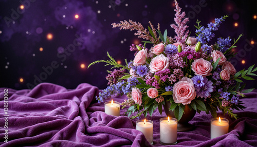 Celestial floral centerpiece with candles and dark blooms, mystical ambiance