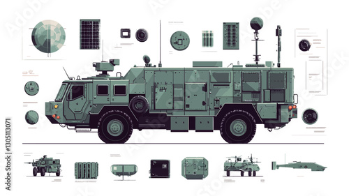 Digital illustration of a military vehicle depicted in a side profile view.  The main illustration is accompanied by various smaller illustrations showcasing detailed components and parts