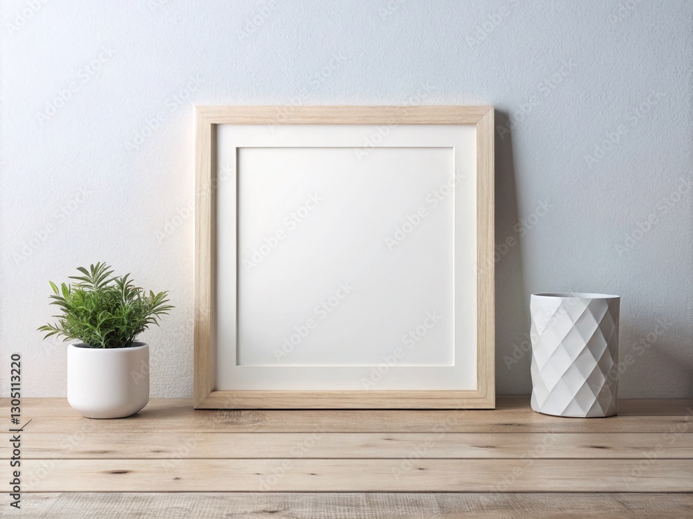 Clean Minimalist White Frame Mockup on Wooden Desk - Stock Photo Clean Minimalist White Frame Mockup on Wooden Desk - Stock Photo