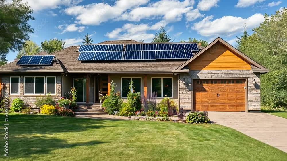 Beautiful Suburban Home Equipped with Solar Panels on a Sunny Day Beautiful Suburban Home Equipped with Solar Panels on a Sunny Day