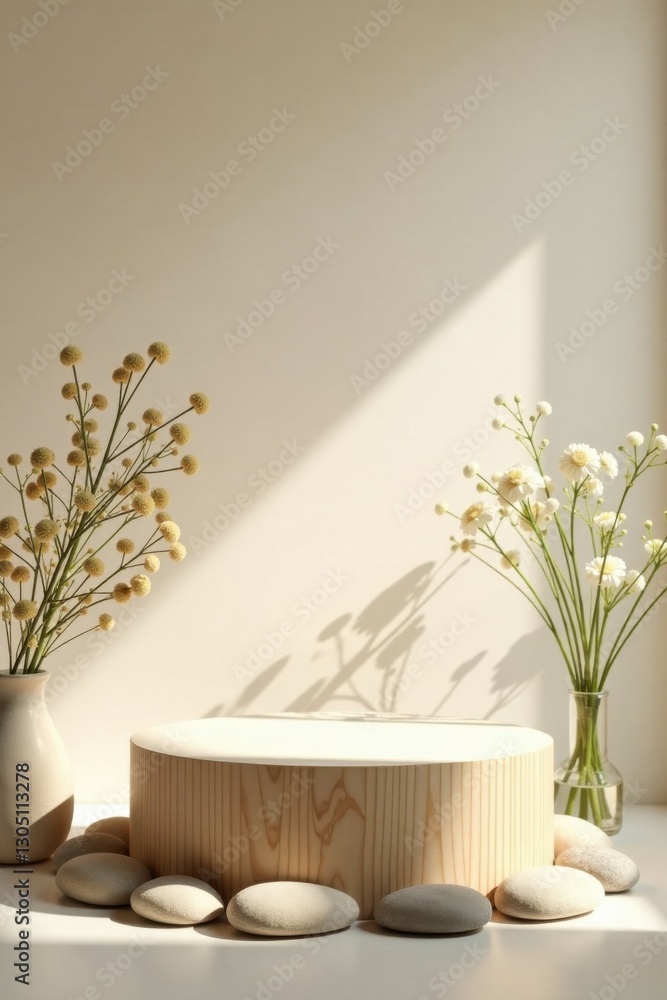 Serene Minimalist Display Featuring Wooden Platform, Smooth Stones, and Delicate Floral Arrangements in Soft Lighting Serene Minimalist Display Featuring Wooden Platform, Smooth Stones, and Delicate Floral Arrangements in Soft Lighting
