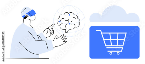 Person using AR headset pointing to brain hologram near shopping cart icon. Ideal for virtual reality, AI innovation, digital marketing, e-commerce, future technology, online retail, flat simple
