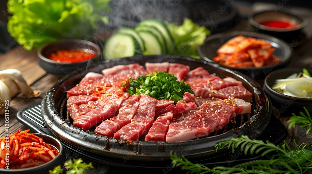 A sizzling Korean BBQ setup with thinly sliced beef A sizzling Korean BBQ setup with thinly sliced beef