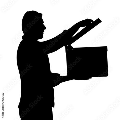 Silhouette of a Person Holding an Open Box in Profile, Representing Film Production, Cinematography, and the Concept of Unboxing in Movie Making, Filming Process, and Cinematic Techniques.

