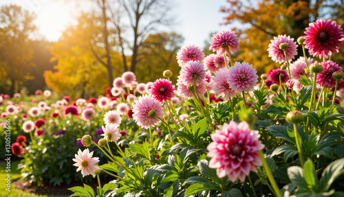 Colorful dahlias blooming in autumn garden, seasonal beauty