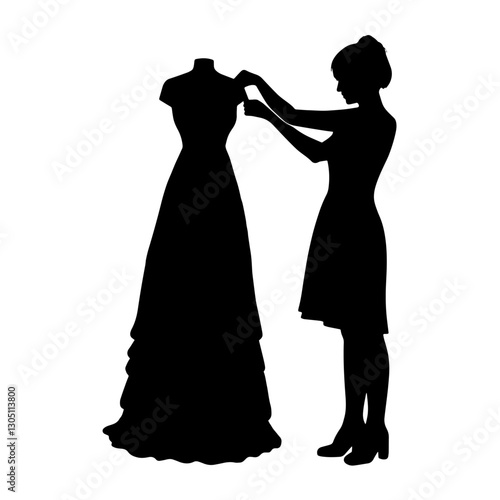 Silhouette of a Costume Designer Adjusting a Dress on a Mannequin, Holding a Measuring Tape, Working on Garment Creation, Art of Clothing Design, Fashion Tailoring.