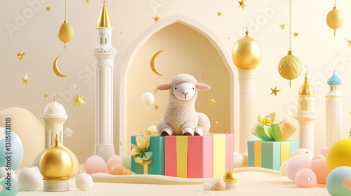 Cute lamb on gift box, Eid celebration scene