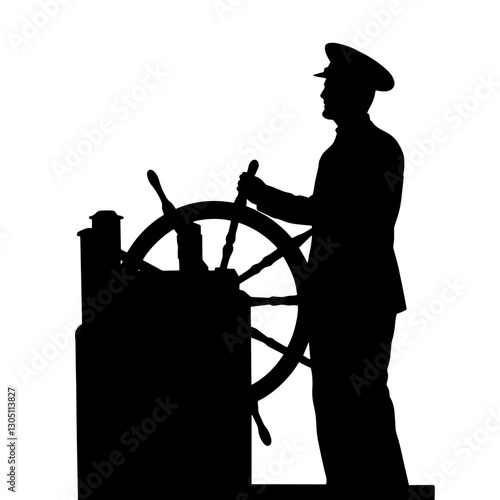 Silhouette of a Cruise Ship Captain at the Helm, Steering the Ship with a Hat and Control Wheel, Representing Leadership, Navigation, and the Expertise of Ship Command in Maritime Operations.

