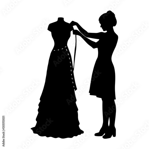 Silhouette of a Costume Designer Adjusting a Dress on a Mannequin with a Measuring Tape, Art of Fashion Design, Clothing Creation with Precision, Attention to Detail in Garment Production.