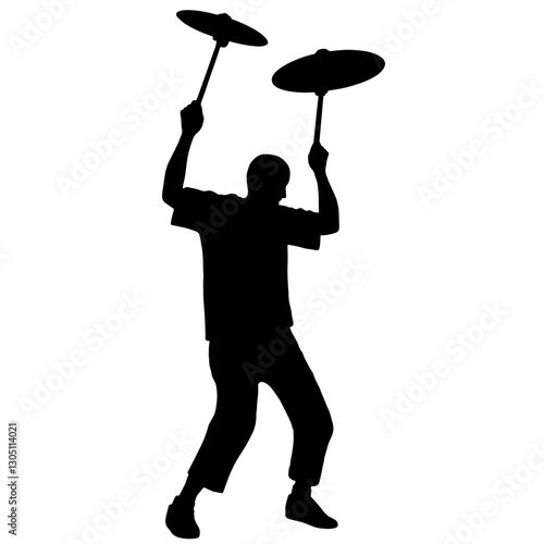 Silhouette of a Juggler Spinning Plates on Sticks, Demonstrating the Art of Juggling and Balance with Two Plates Held High, Capturing the Precision and Skill of Circus Performers.

