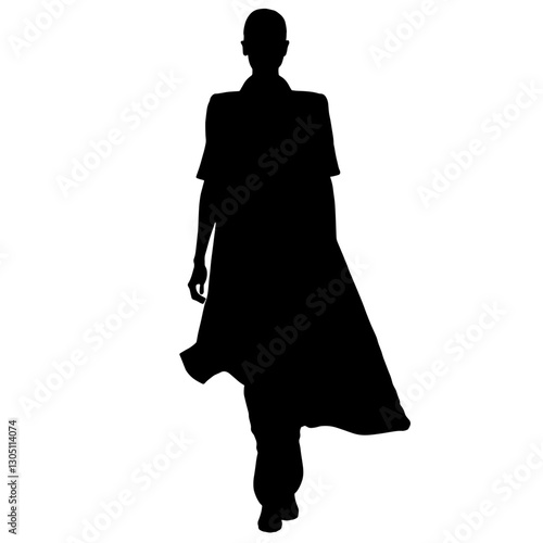 Silhouette of a Fashion Model Walking Down a Runway, Wearing a Flowing Dress or Cloak, with One Foot Forward, Representing Modern Fashion and the Art of Modeling on a Catwalk.

