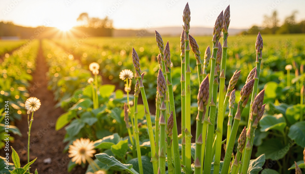 Obraz premium Mature asparagus growing in evening light over vegetable patch, abundance