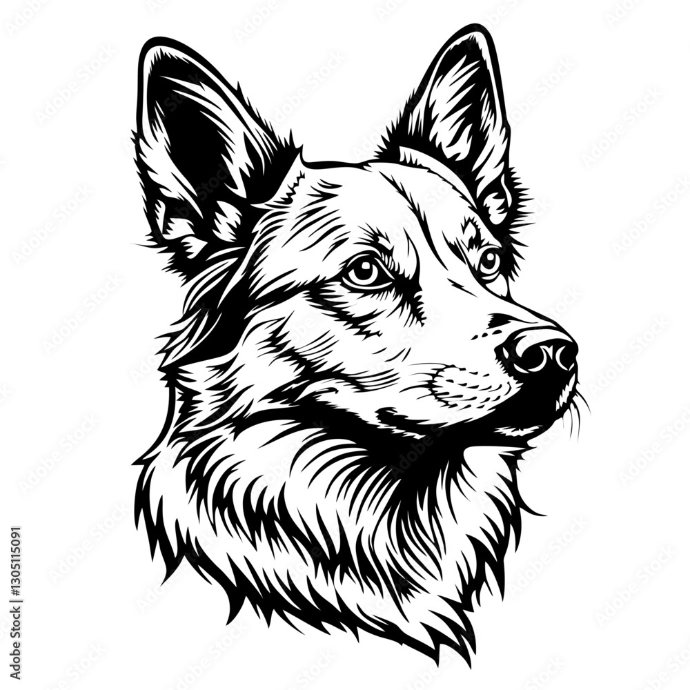 Fototapeta premium AUSTRALIAN cattle dog Bold black and white stylized corgi face with intricate line art details