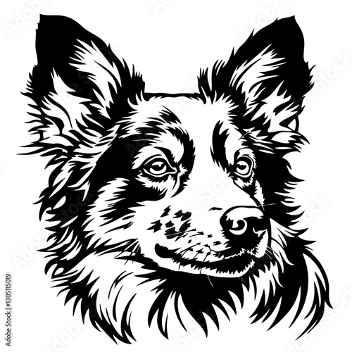 AUSTRALIAN cattle dog Detailed black and white illustration of a smiling border collie with fluffy fur