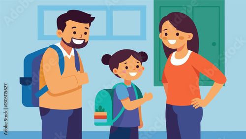 Two parents exchange a knowing smile as they watch their teenager adjust their backpack and strike a pose in front of their designated spot for the annual first day of school. Vector illustration