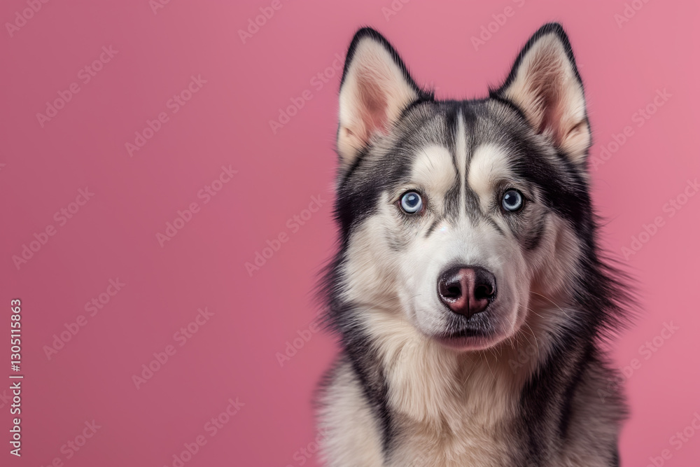 Obraz premium Siberian Husky dog on minimalistic colorful background with Copy Space. Perfect for banners, veterinary ads, pet food promotions, and minimalist designs.