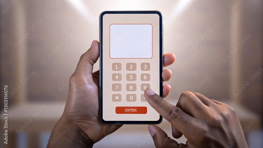 A person using a keypad on a smartphone in a well-lit setting. A person using a keypad on a smartphone in a well-lit setting.