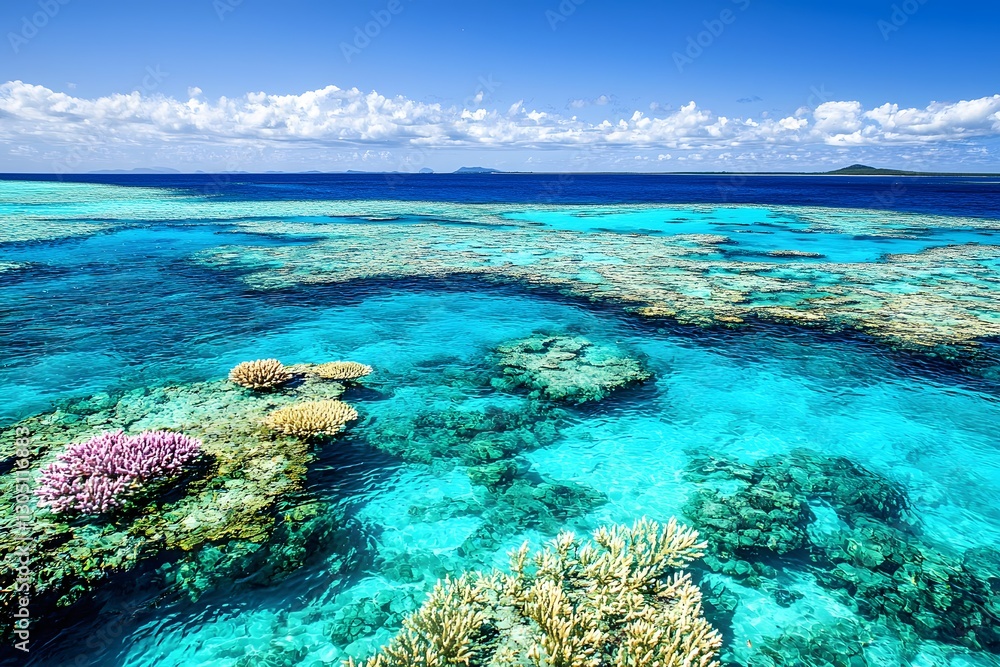 Fototapeta premium Vibrant coral reef in crystal clear waters with bright sunshine in tropical paradise