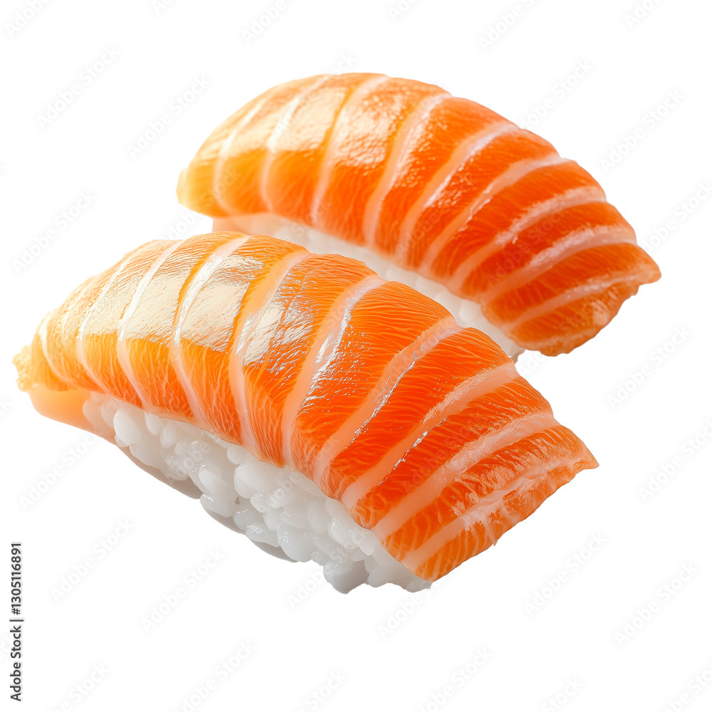 Salmon nigiri sushi with fresh orange fish and perfectly shaped rice isolated on transparent background Salmon nigiri sushi with fresh orange fish and perfectly shaped rice isolated on transparent background