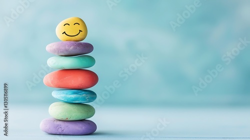 Stack of Colorful Happiness Rocks with Smiley Face photo