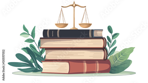 A digital illustration depicting a gold-colored scales of justice balanced on top of a stack of four books. The books vary in color and appear to be old or antique volumes.  Green leaves