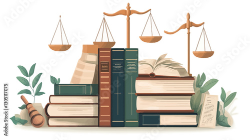 A digital illustration depicting a stack of books with varying sizes and colors, suggesting legal volumes.  Two pairs of golden scales of justice are positioned above the books.  Small