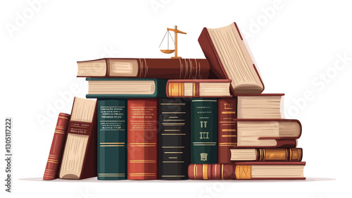 A digitally rendered illustration depicts a stack of various sized hardback books, predominantly in shades of red, burgundy, green, and brown.  The books are arranged in a slightly