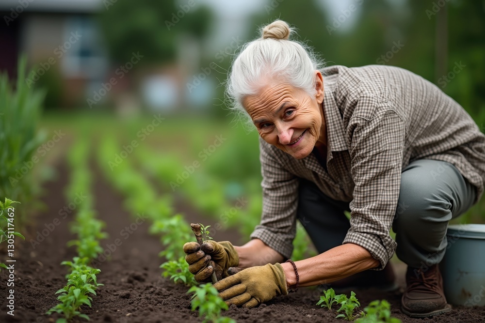 Fototapeta premium A Woman Bending Down to Plant a Seedling in the Soil - Generative AI