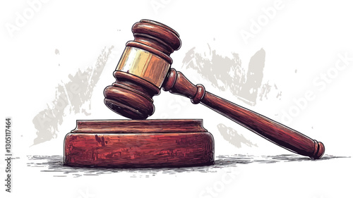 Digital illustration of a wooden gavel resting on a sound block. The gavel and sound block are depicted with a textured, slightly distressed appearance, suggesting age and use.  The