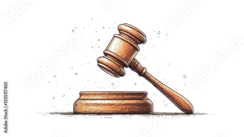 A detailed illustration of a wooden gavel and sound block. The gavel is depicted mid-fall, suggesting action.  The illustration style is hand-drawn, with visible texture and shading