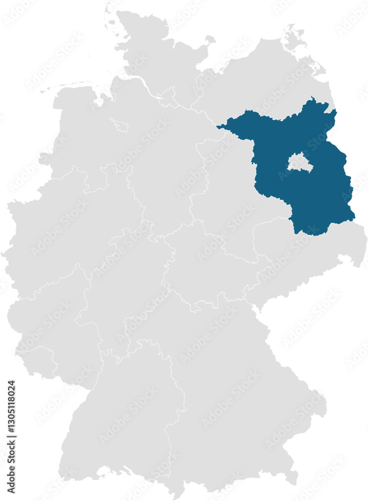 gray map of germany with 16 separated federal states, Brandenburg highlighted blue gray map of germany with 16 separated federal states, Brandenburg highlighted blue