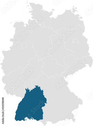 gray map of germany with 16 separated federal states, Baden-Württemberg highlighted blue 