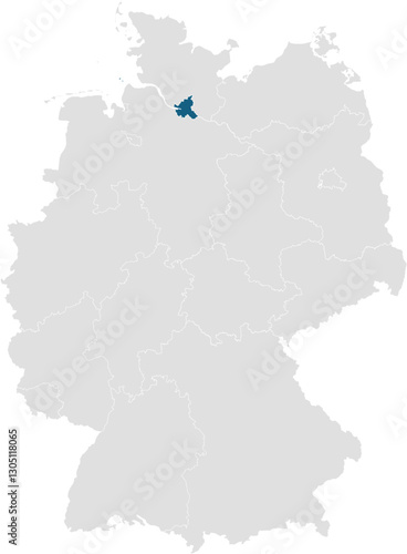 gray map of germany with 16 separated federal states, Hamburg (Hanseatic City) highlighted blue 