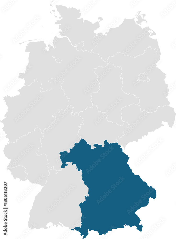 gray map of germany with 16 separated federal states, Bavaria (Free State) highlighted blue gray map of germany with 16 separated federal states, Bavaria (Free State) highlighted blue