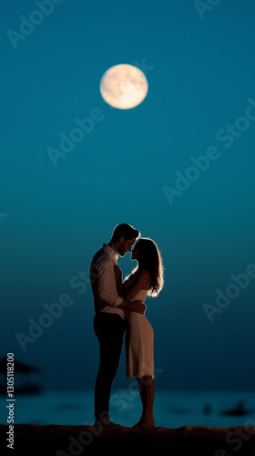 young honeymoon couple embrace under full moon on tropical beach at night photo